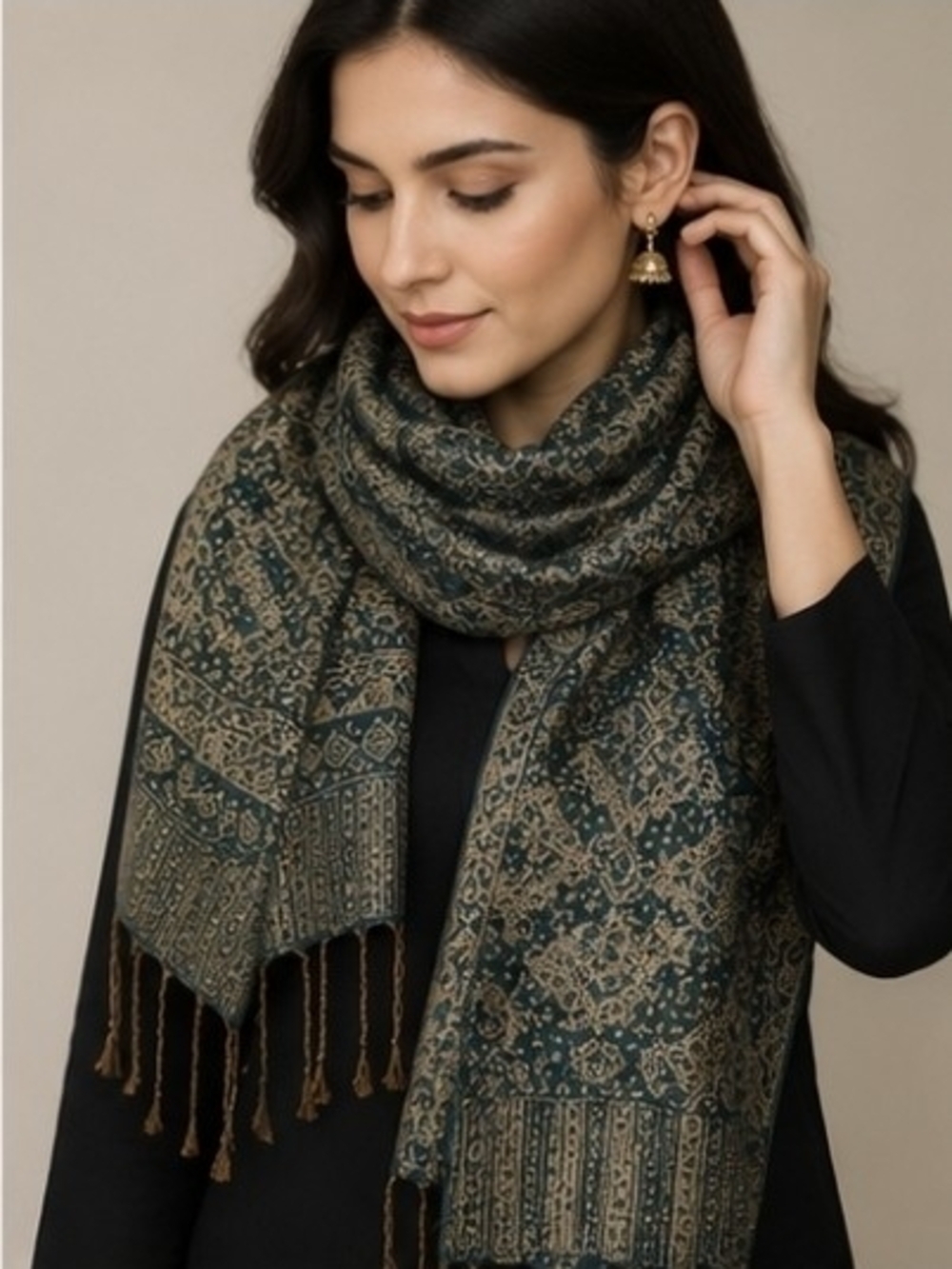 Woven Patterned Shawl Scarf in Olive and Beige - Women Accessories